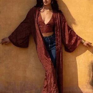 Dragon Silk Pure 100% Long Robe Kimono M-L  Women's Luxury Jacket Duster Rust